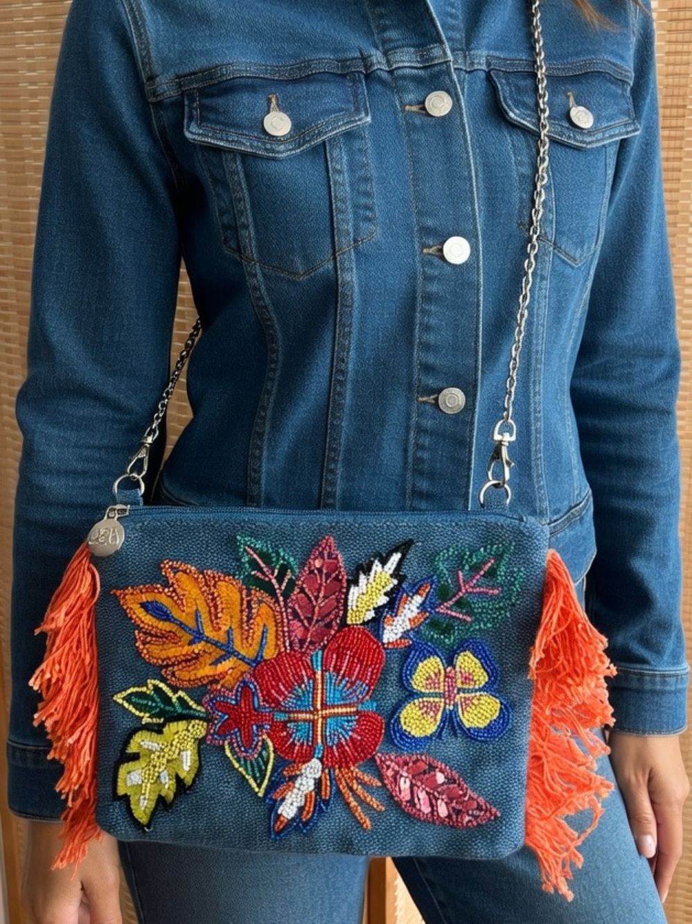Embroidered Blue Floral Crossbody Bag with Orange Fringe